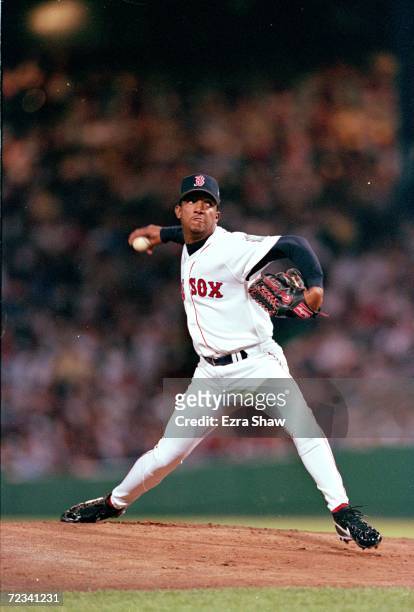 Picher Pedro Martinez of the American League Team winds up for the pitch during the 1999 MLB All-Star Game against the National League Team at Fenway...