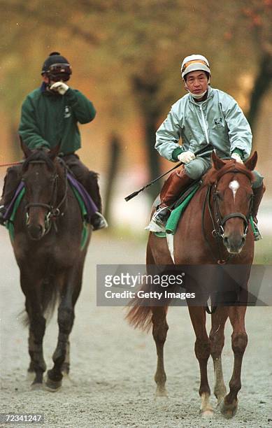 Jockey Yukio Okabe of Japan rides Red Allymer during morning practice at the Woodbine Racetrack in Etobicoke, Ontario, Canada, host to the 1996...