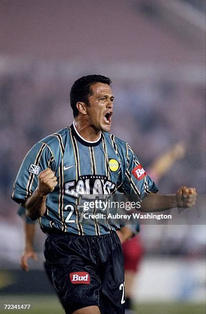 Carlos Hermosillo of the Los Angeles Galaxy celebrates during a game against the Dallas Burn at the Rose Bowl in Pasadena, California. The Galaxy...