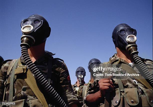 Syrian troops photographed during a gas mask training exercise during the run up to the first Gulf War.