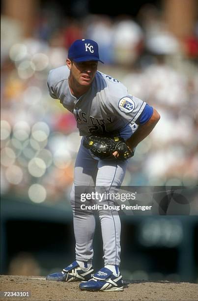 Pitcher Jeff Montgomery of the Kansas City Royals starts his wind up during a game against the Baltimore Orioles at Camden Yards in Baltimore,...