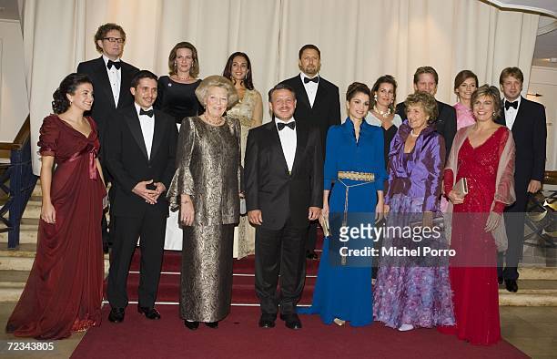 Group photo of the Dutch and Jordan royal families front row from left Prince Hamzah Bin Al Hussein, Princess Noor Hamzah, Dutch Queen Beatrix,...