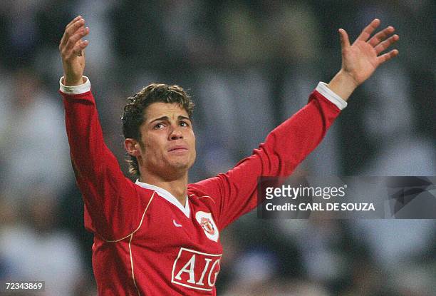 Manchester United's Portuguese Cristiano Ronaldo gestures after his goal was disallowed during their Champions League Group F soccer match against FC...