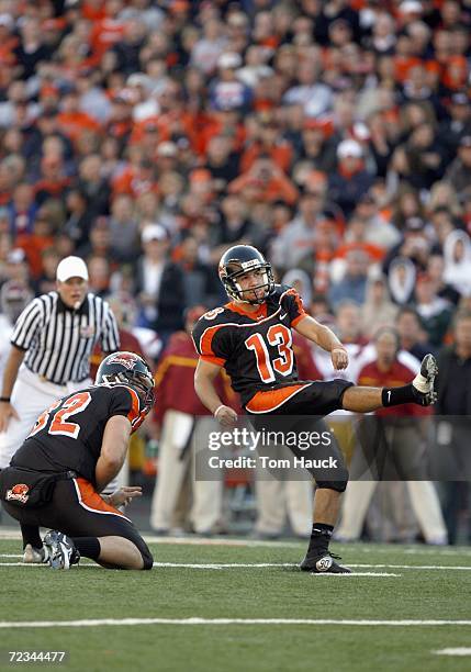 Alexis Serna of the Oregon State Beavers kicks a field goal during the game against the Southern California Trojans at Reser Stadium on October 28,...