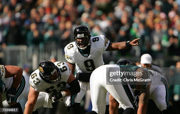 Quarterback David Garrard of the Jacksonville Jaguars calls a play during the game against the Philadelphia Eagles on October 29, 2006 at Lincoln...