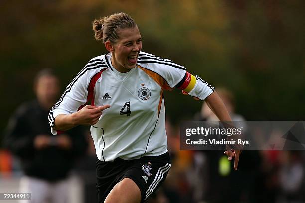Carolin Schiewe of Germany celebrates after scoring the 2nd goal during the women's U19 international friendly match between Germany and Sweden at...