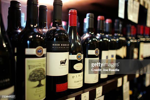 Bottles of red wine are seen on the shelf at Old Vines Wine & Spirits on November 1, 2006 in Miami, Florida. A study by the Harvard Medical School...