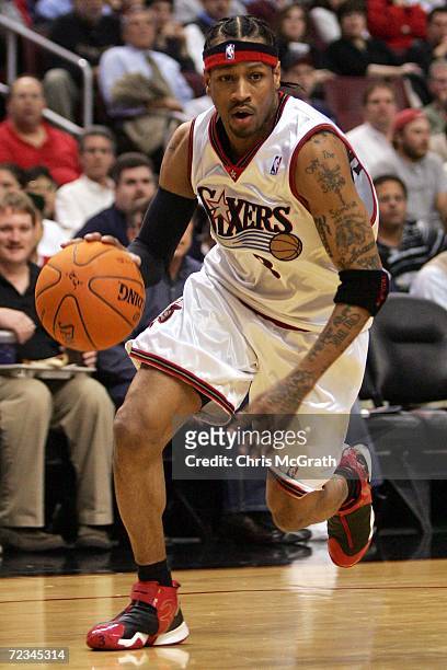 Allen Iverson of the Philadelphia 76ers drives to the basket against the Atlanta Hawks on November 1, 2006 at the Wachovia Center in Philadelphia,...