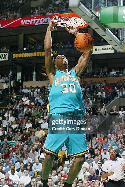 David West of the New Orleans/Oklahoma City Hornets dunks against the Boston Celtics on November 1, 2006 at the TD Banknorth Garden in Boston,...