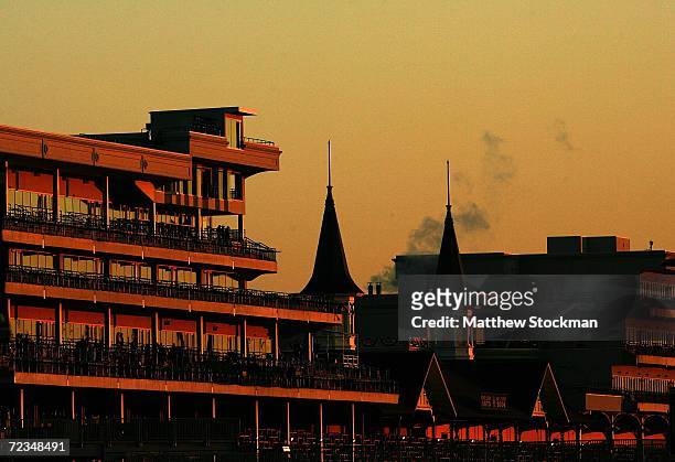 General view of the twin spires and new renovation of the clubhouse at sunrise ahead of the Breeders' Cup at Churchill Downs November 2, 2006 in...