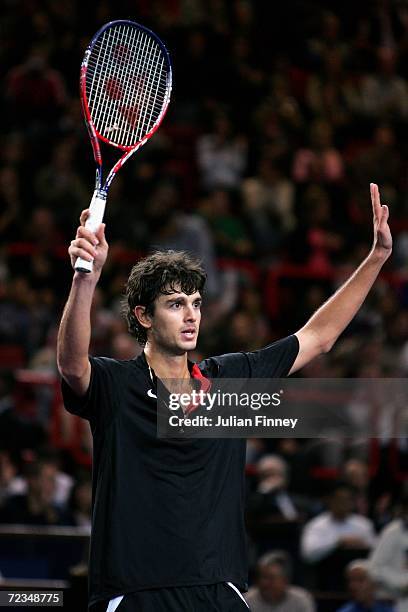 Mario Ancic of Croatia celebrates defeating Julien Benneteau of France in the third round during day four of the BNP Paribas ATP Tennis Masters...