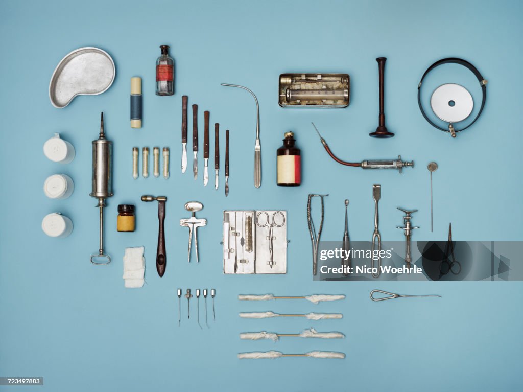 Directly above shot of medical tools on blue background