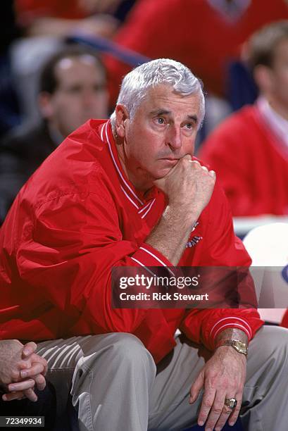 Head Coach Bobby Knight of the Indiana Hoosiers looks somber as he watches the action from the bench during round one of the NCAA Tournament Game...