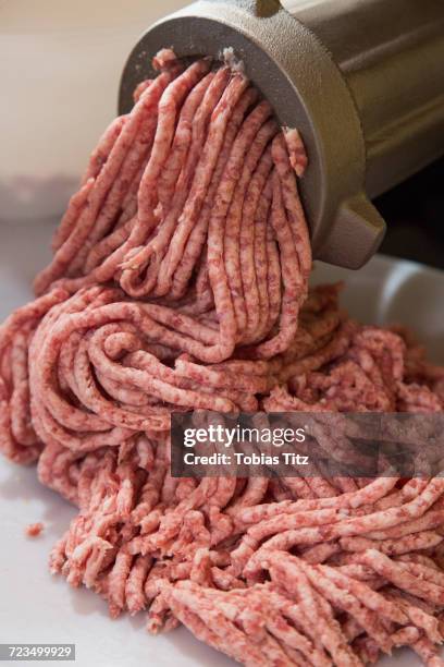 high angle view of meat being minced in factory - trituradora de carne fotografías e imágenes de stock