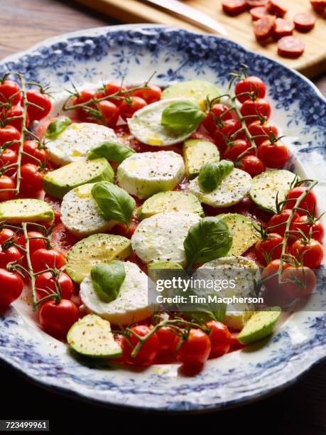 tomatoes, avocado, mozzarella and basil on plate, elevated view - halstock stock pictures, royalty-free photos & images