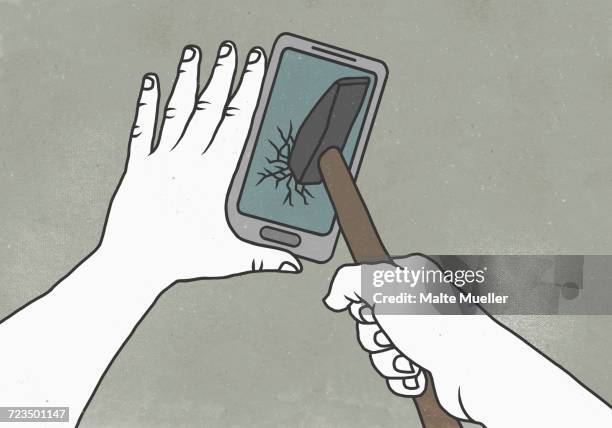 illustration of cropped image of person breaking smart phone with hammer - emotional stress stock illustrations