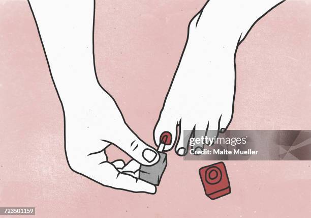 cropped image of woman applying nail polish on toe nail - touch toes stock illustrations