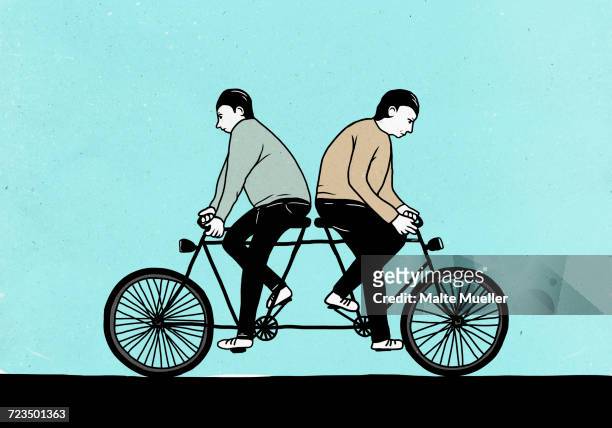 illustration of male friends riding tandem bicycle in opposite directions - konflikt stock-grafiken, -clipart, -cartoons und -symbole