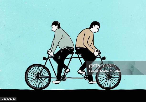 ilustraciones, imágenes clip art, dibujos animados e iconos de stock de illustration of male friends riding tandem bicycle in opposite directions - friends argue