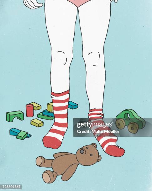 illustrations, cliparts, dessins animés et icônes de low section of girl wearing socks while surrounded by toys against colored background - jambe