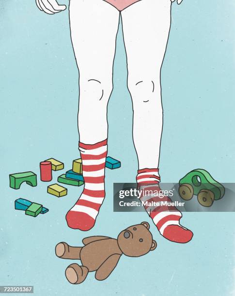 illustrations, cliparts, dessins animés et icônes de low section of girl wearing socks while surrounded by toys against colored background - seulement des petites filles