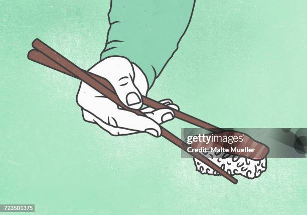 illustration of man hand holding sushi with chop sticks against colored background - asian eating stock illustrations