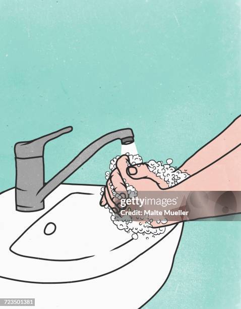 close-up of person washing hands in sink against colored background - wash hands illustration stock illustrations