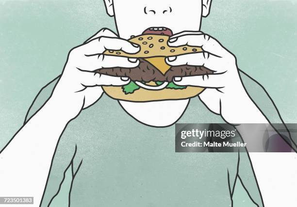 close-up of man eating hamburger against colored background - ハンバーグ料理点のイラスト素材／クリップアート素材／マンガ素材／アイコン素材