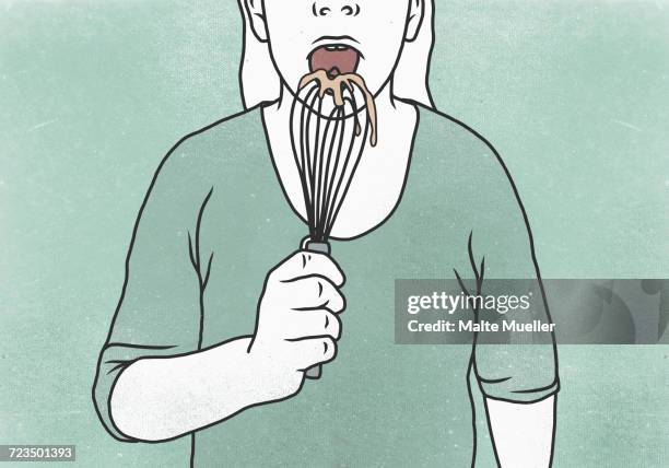 stockillustraties, clipart, cartoons en iconen met illustration of woman licking batter from wire whisk against colored background - licking