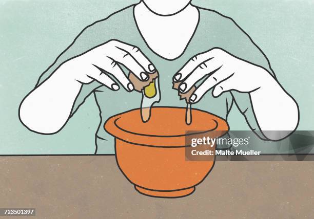 midsection of person cracking egg into bowl against colored background - mixing bowl stock illustrations