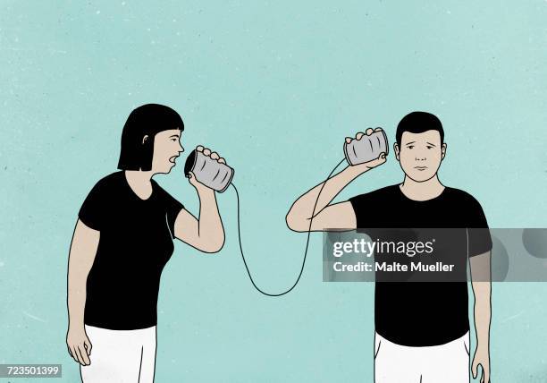 ilustraciones, imágenes clip art, dibujos animados e iconos de stock de illustration of couple communicating through tin-can phones against colored background - tin can phone