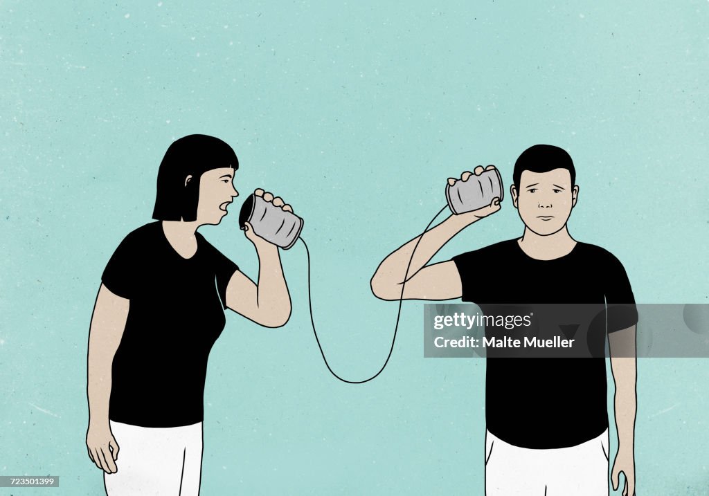 Illustration of couple communicating through tin-can phones against colored background