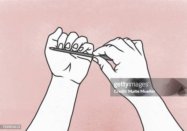 illustration of woman filing her fingernails against colored background - finger nail stock illustrations