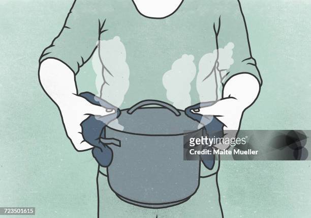 midsection of woman holding cooking pot against colored background - kochgeschirr stock-grafiken, -clipart, -cartoons und -symbole
