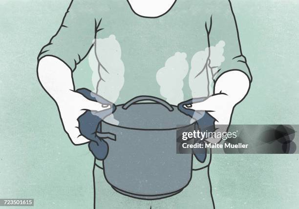 midsection of woman holding cooking pot against colored background - クッキング点のイラスト素材／クリップアート素材／マンガ素材／アイコン素材