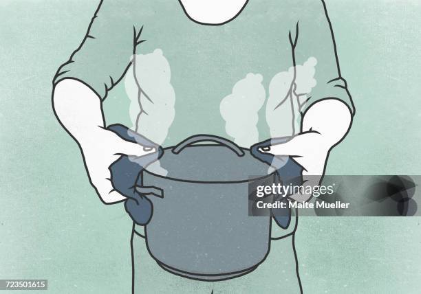 stockillustraties, clipart, cartoons en iconen met midsection of woman holding cooking pot against colored background - food safety