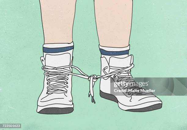 ilustraciones, imágenes clip art, dibujos animados e iconos de stock de low section of man with shoelaces tied together against colored background - cordón de zapato