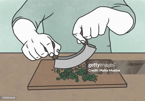 midsection of man cutting herbs with mincing knife on chopping board - mincing knife stock illustrations