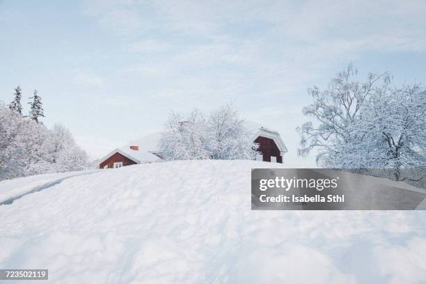 low angle view of houses on snowy hill against sky - extreme weather snow stock pictures, royalty-free photos & images