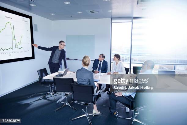 businessman making flat screen presentation to team in boardroom - presentation to customers stockfoto's en -beelden