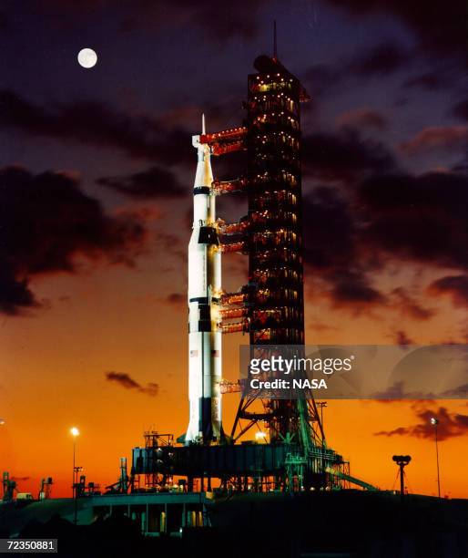 Pre-launch twilight photo of the The Apollo 11 Saturn V space vehicle. It lifted off July 16, 1969 from Kennedy Space Center in Florida. The space...