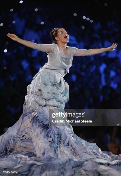 Icelandic artist Bjork sings during the opening ceremony of the Athens 2004 Summer Olympic Games on August 13, 2004 at the Sports Complex Olympic...