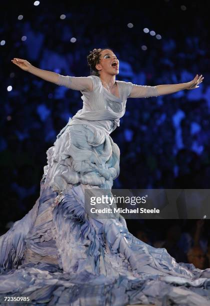 Icelandic artist Bjork sings during the opening ceremony of the Athens 2004 Summer Olympic Games on August 13, 2004 at the Sports Complex Olympic...