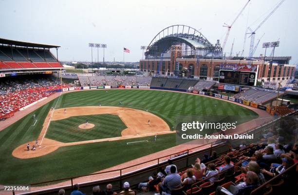 General view of County Stadium with Miller Park construction in the background during the game against the Los Angeles Dodgers and the the Milwaukee...