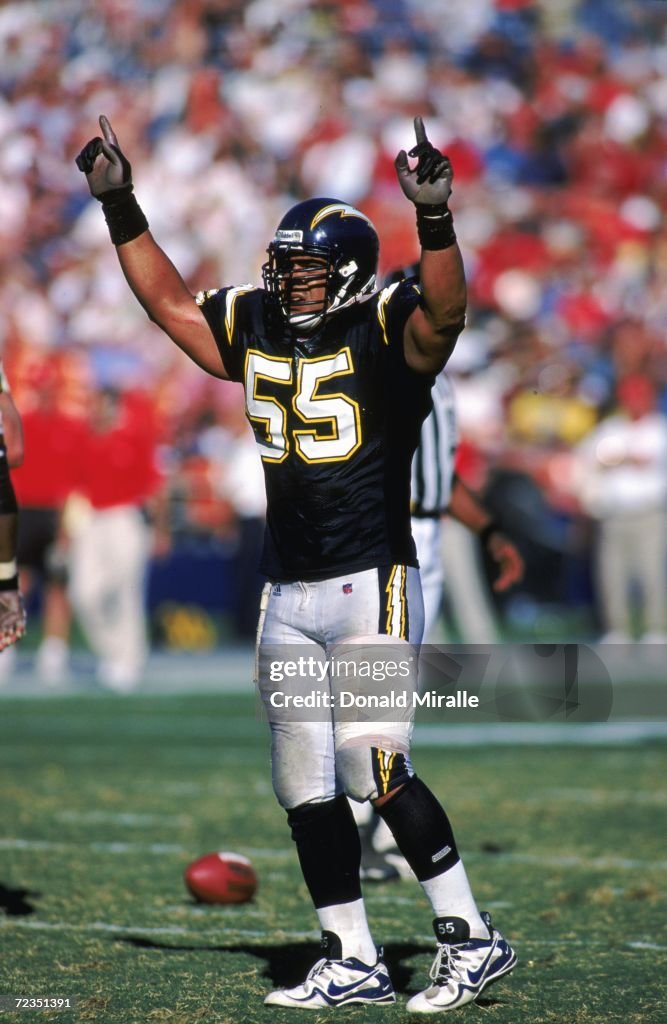 Jr. Seau Junior Seau of the San Diego Chargers celebrates on the field during ...