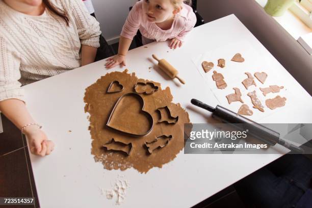 high angle view of mother and daughter preparing cookies at home - family with one child mother bonding family adult daughter focus on background leisure stock-fotos und bilder
