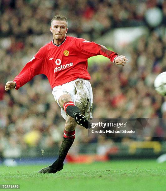 David Beckham of United scores during the match between Manchester United and Sunderland in the FA Barclaycard Premiership at Old Trafford,...