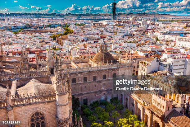 city view from giralda spire bell tower on orange garden and seville cathedral, bull ring in distance, seville, andalusia, spain - seville cathedral stock pictures, royalty-free photos & images