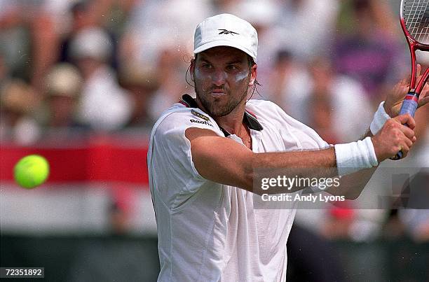 Patrick Rafter of Australia in action during the Davis Cup at the Longwood Cricket Club in Chestnut Hill, Massachusetts. Mandatory Credit: Andy Lyons...