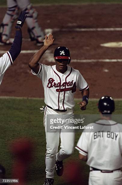 Outfielder Andruw Jones of the Atlanta Braves in action during the National League Championship Series game against the San Diego Padres at Turner...